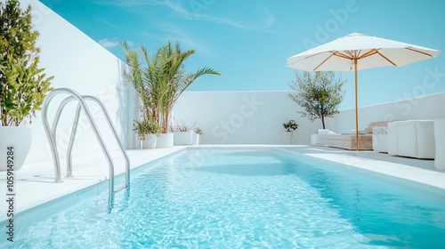 A Modern Minimalist White Pool Area in Spain: Sunlit Oasis with Umbrella and Ladder