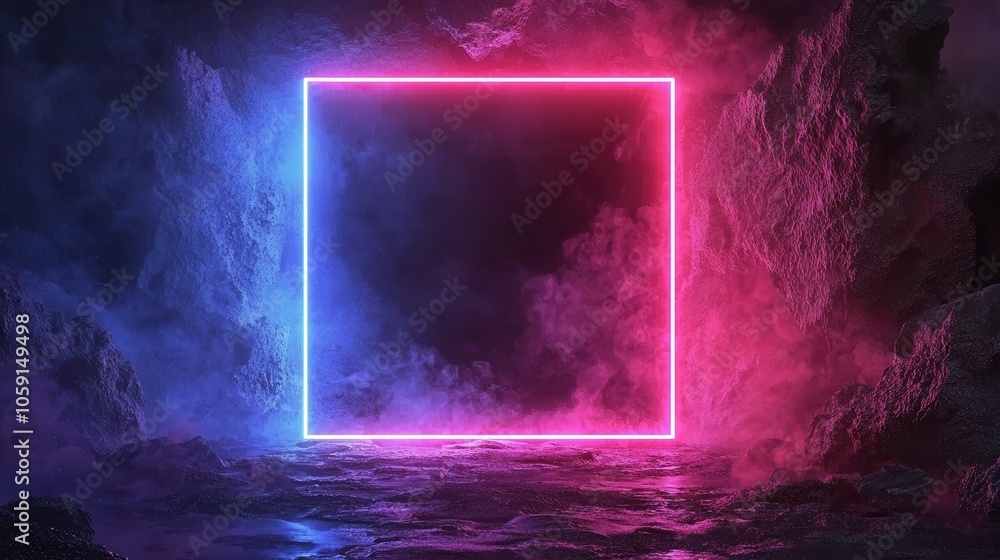 A striking illuminated square frame in vibrant pink and blue hues, surrounded by a misty, atmospheric backdrop. A striking illuminated square frame in vibrant pink and blue hues, surrounded by a misty, atmospheric backdrop.