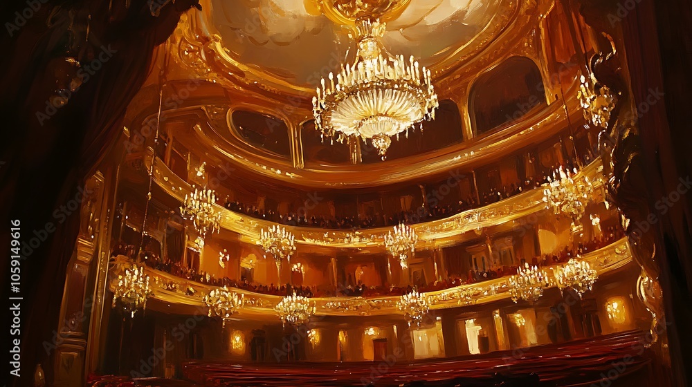 Obraz premium A lavish theater interior with ornate chandeliers and balconies, designed for performances and cultural events.