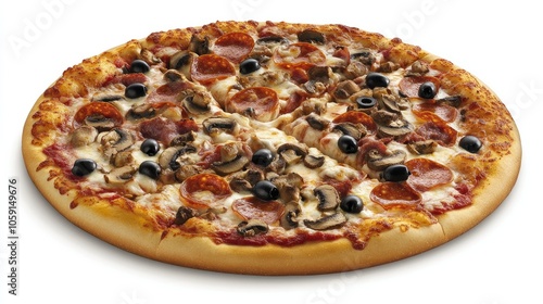 Pizza with a gooey cheese pull, topped with olives, mushrooms, and pepperoni, placed on a white background for a tasty view