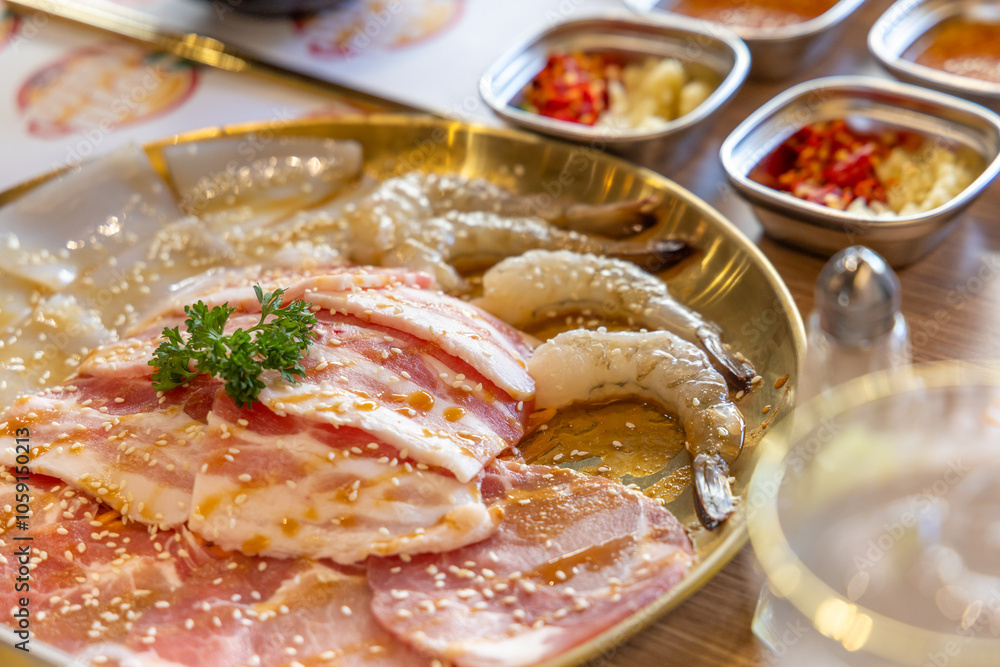 A set of pork, chicken, beef, squid, bacon, and pork belly for grilling in Thai style, called Moo Kratha or pork pan. A set of pork, chicken, beef, squid, bacon, and pork belly for grilling in Thai style, called Moo Kratha or pork pan.