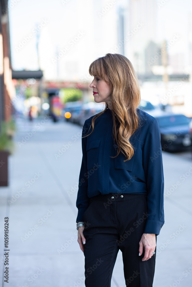 Fototapeta premium Beautiful woman standing on the sidewalk in the city