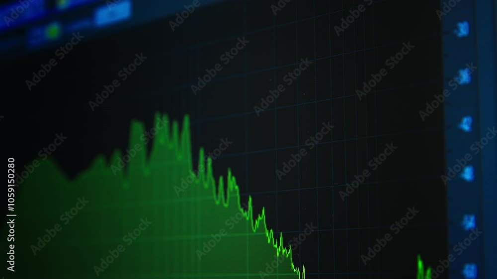 Close shot of an audio frequency spectrum as displayed in music creation software. The green waveform on a dark background pumps in time to a track of music. Close shot of an audio frequency spectrum as displayed in music creation software. The green waveform on a dark background pumps in time to a track of music.