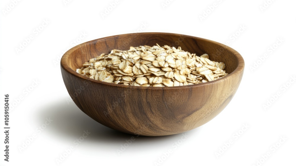 Rolled oats in a wooden bowl on a clean white background, creating a rustic and nutritious atmosphere Rolled oats in a wooden bowl on a clean white background, creating a rustic and nutritious atmosphere