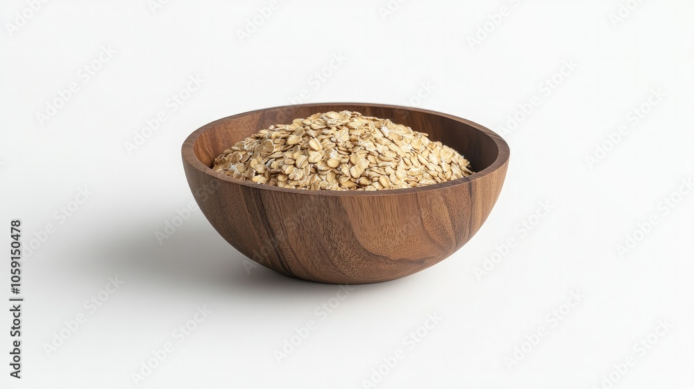 Rolled oats in a wooden bowl on a clean white background, creating a rustic and nutritious atmosphere