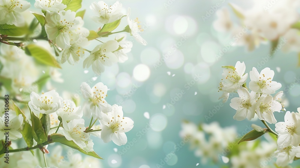 Fototapeta premium Delicate white blossoms adorn a beautiful border, evoking serenity and seasonal beauty in nature