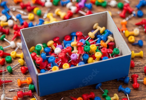 From inside a half empty box of pushpins colorful heads scattere photo