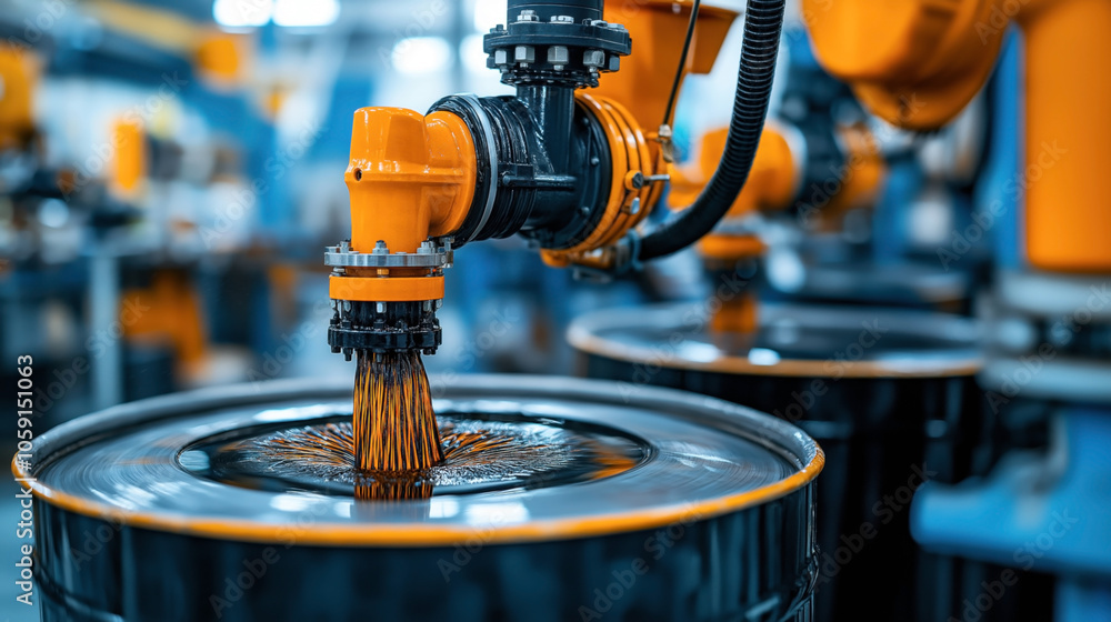 Φωτογραφία Close-up of an industrial robotic arm with an orange nozzle applying liquid or paint in a factory setting