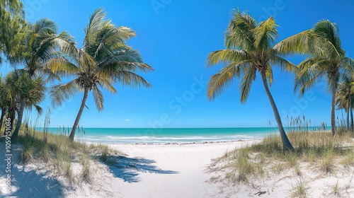 Scenic tropical beach with white sands and coconut palms swaying under blue skies  inviting travel inspiration.