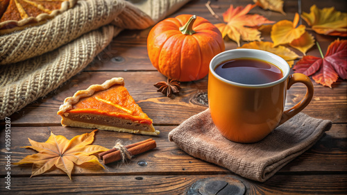 Pumpkin pie and coffee with autumn leaves