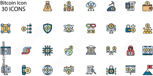 Set of Bitcoin icons. Line art style icons bundle. vector illustration