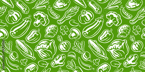 Seamless pattern background with vegetables. Farm organic food concept. Vector illustration for packaging or banner