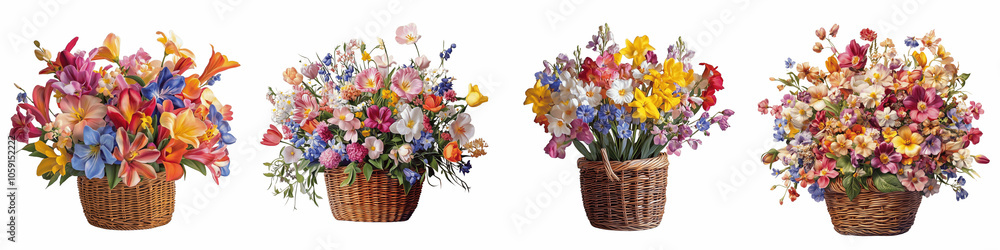 set of Spring flowers in a woven basket, a woven basket, colorful spring flowers, png file, woven basket, spring flowers, the fragrance of spring flowers arranged in a wo, on a transparent backgrounds set of Spring flowers in a woven basket, a woven basket, colorful spring flowers, png file, woven basket, spring flowers, the fragrance of spring flowers arranged in a wo, on a transparent backgrounds