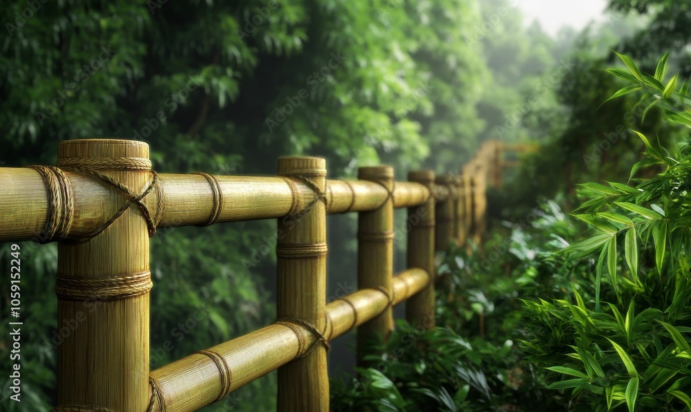Bamboo fence in lush green jungle. Bamboo fence in lush green jungle.