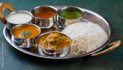 Traditional South Indian Thali served with flavorful sambar, steamed rice, crispy papad, tangy pickles, and a variety of chutneys and vegetable curries, creating a vibrant and satisfying