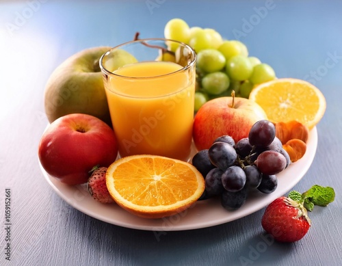 A glass of orange smoothie surrounded by fresh fruits