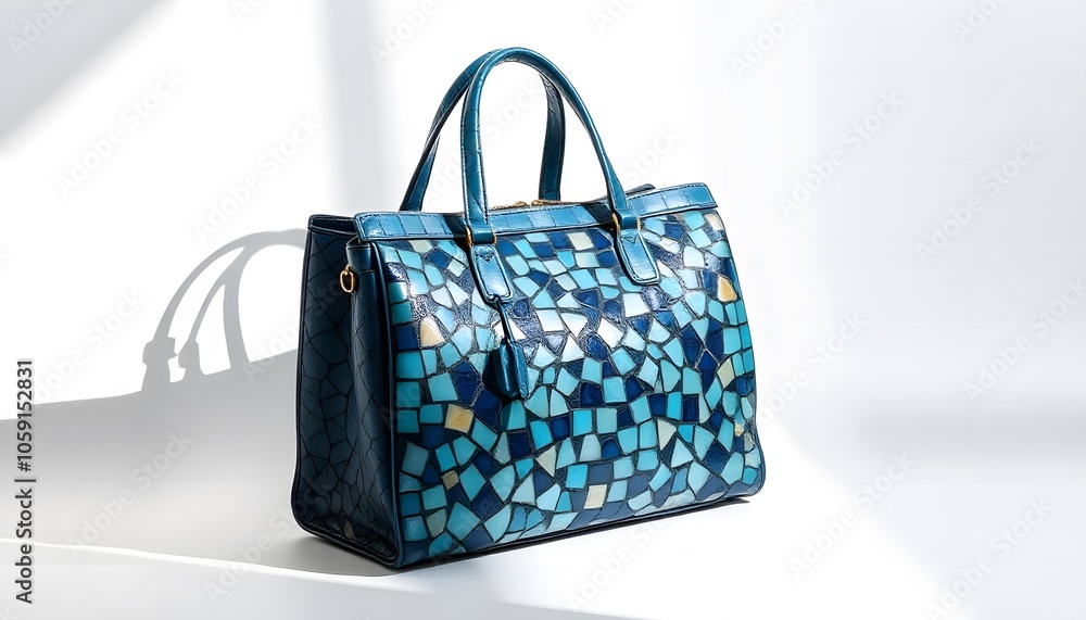 Blue mosaic patterned leather bag model, looks luxurious and elegant Blue mosaic patterned leather bag model, looks luxurious and elegant