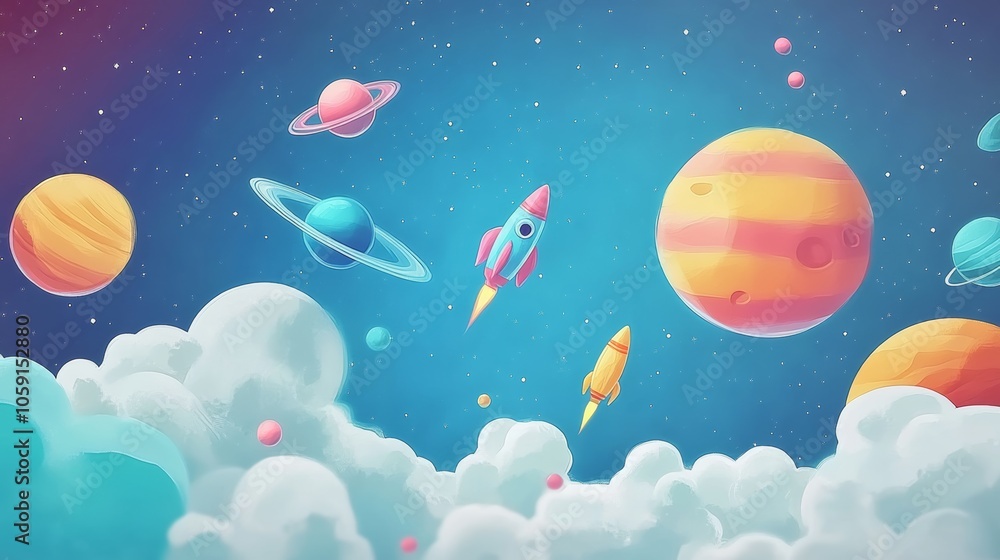 Whimsical Cartoon Planets with Rockets in Space Whimsical Cartoon Planets with Rockets in Space