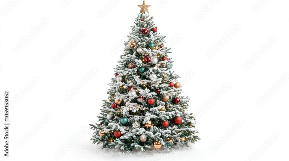 Tall Christmas tree dusted with snow, decorated with baubles and lights, isolated on a white background for a festive winter look Tall Christmas tree dusted with snow, decorated with baubles and lights, isolated on a white background for a festive winter look