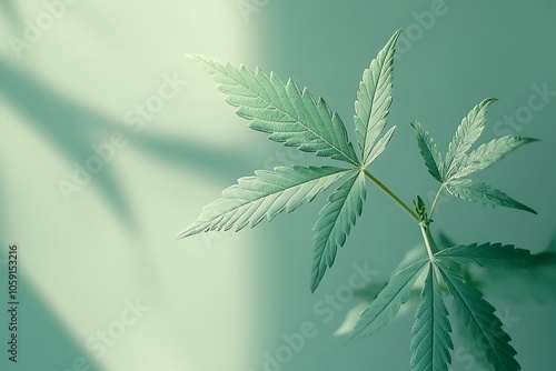 Soft Green Cannabis Leaf with Shadow on White Background