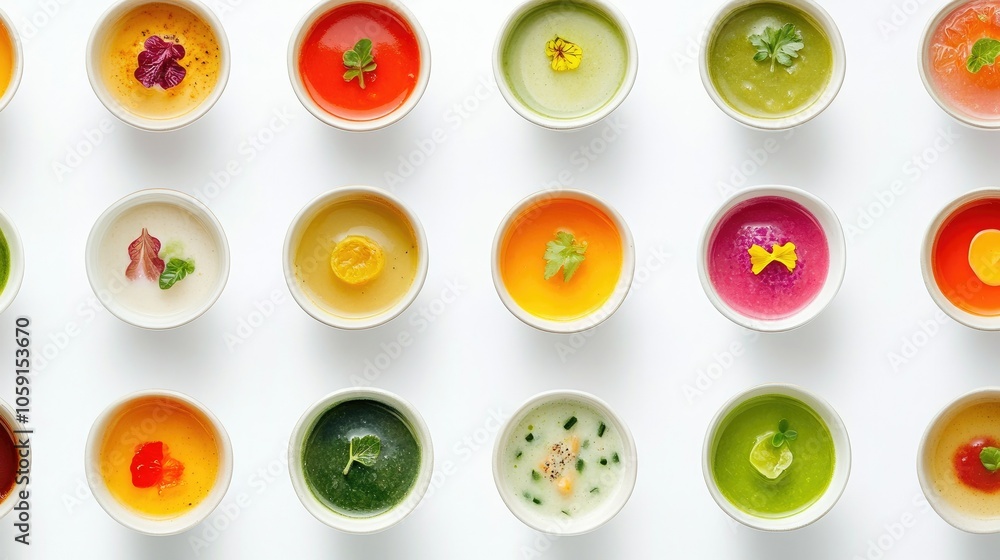Top-down view of colored vegetable soups with garnishes, arranged on a white background, highlighting healthy, dietary options Top-down view of colored vegetable soups with garnishes, arranged on a white background, highlighting healthy, dietary options