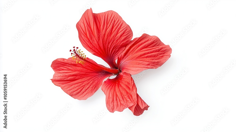Obraz premium A vibrant red hibiscus flower displaying intricate petal textures on a white background.