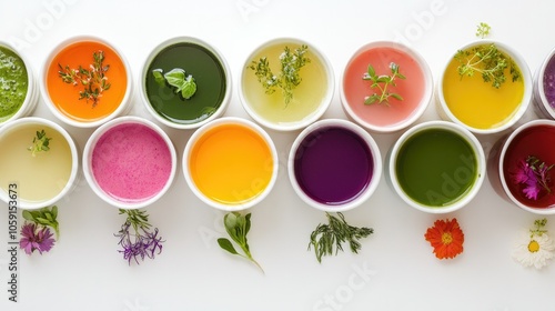 Top-down view of colored vegetable soups with garnishes, arranged on a white background, highlighting healthy, dietary options