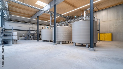 A spacious industrial facility featuring large, cylindrical storage tanks, a clean floor, and modern architectural elements.