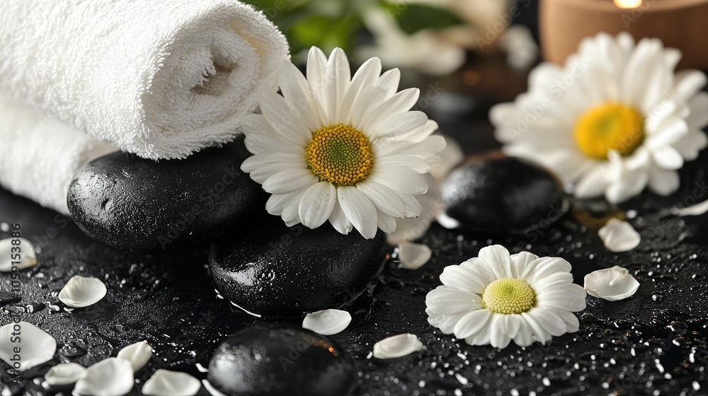 Zen Spa Setting with Daisy Flowers and Black Stones on Wet Surface Zen Spa Setting with Daisy Flowers and Black Stones on Wet Surface