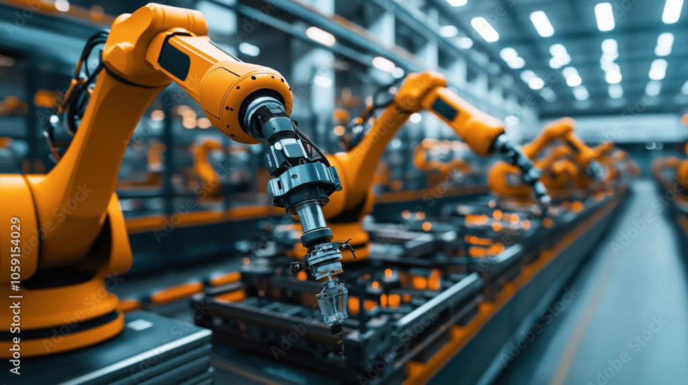 Close-up of industrial robotic arms working on an automated assembly line in a modern factory with blurred background Close-up of industrial robotic arms working on an automated assembly line in a modern factory with blurred background