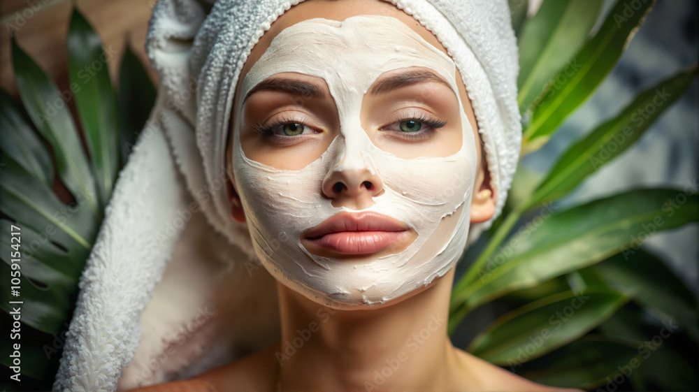 Relaxed woman with face mask and towel wrap in tropical setting
Relaxed woman with face mask and towel wrap in tropical setting