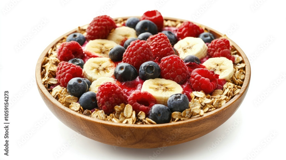 Vegan smoothie bowl topped with berries, seeds, and banana slices, isolated on a white background for a bright, healthy look Vegan smoothie bowl topped with berries, seeds, and banana slices, isolated on a white background for a bright, healthy look