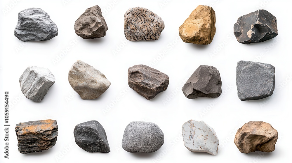 An array of diverse rocks showcasing various textures and colors, from gray and black to beige and brown. An array of diverse rocks showcasing various textures and colors, from gray and black to beige and brown.