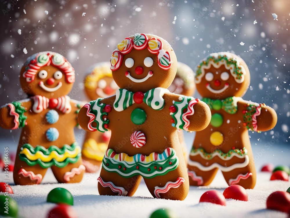 Naklejka premium Delightful gingerbread cookies bringing festive cheer in a winter wonderland with colorful decorations and joyful expressions