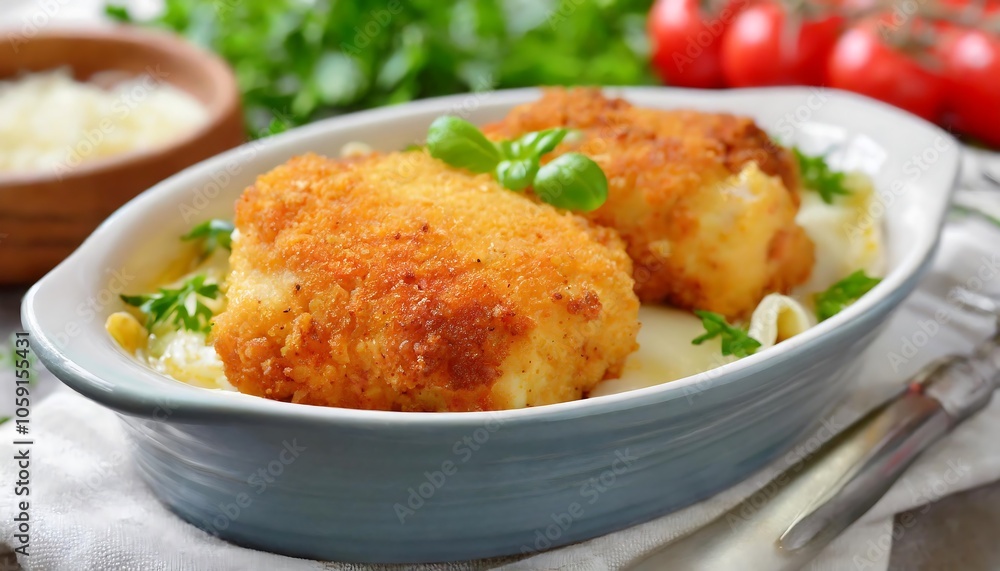 Golden-brown baked Chicken Cordon Bleu in a white dish, filled with melted cheese and savory ham, topped with a crispy breadcrumb crust. The dish is presented fresh from the oven, creating a warm Golden-brown baked Chicken Cordon Bleu in a white dish, filled with melted cheese and savory ham, topped with a crispy breadcrumb crust. The dish is presented fresh from the oven, creating a warm
