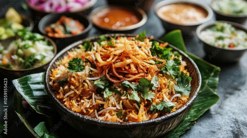 A close-up of spicy biryani served on a banana leaf, topped with fried onions and fresh coriander, surrounded by colorful side dishes in small bowls. A close-up of spicy biryani served on a banana leaf, topped with fried onions and fresh coriander, surrounded by colorful side dishes in small bowls.