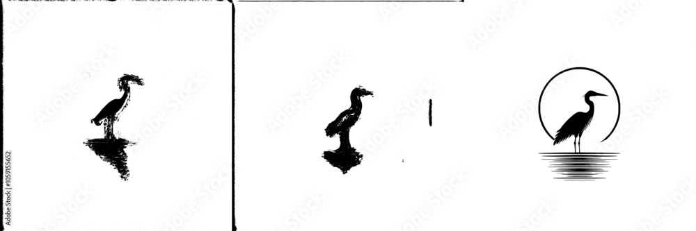 Ripples in a black and white heron illustration standing in water. Ripples in a black and white heron illustration standing in water.