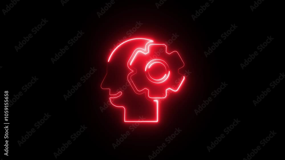 Glowing neon line Human head with gear inside icon isolated on black background. Glowing neon line Human head with gear inside icon isolated on black background.