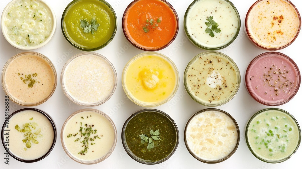 Assortment of creamy vegetable soups with garnish, each in a distinct color, arranged on a white background for a dietary, top-view look Assortment of creamy vegetable soups with garnish, each in a distinct color, arranged on a white background for a dietary, top-view look