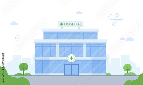 Hospital Building Illustration. Flat Vector Illustration of a Modern Hospital with a Green sign on the Roof. Suitable for Web Design, Mobile Apps, and Presentations.