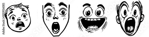 Doodles featuring cartoon faces with expressive eyes and mouths. They feature character expressions such as laughing, crying and surprise.