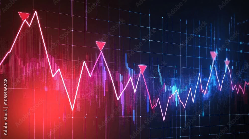 A colorful digital graph showcasing fluctuating trends with upward and downward movements, indicating data analysis and market fluctuations. A colorful digital graph showcasing fluctuating trends with upward and downward movements, indicating data analysis and market fluctuations.