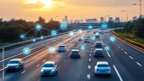 Smart City Traffic Management with IoT: Connected Vehicles on a Busy Highway at Sunset