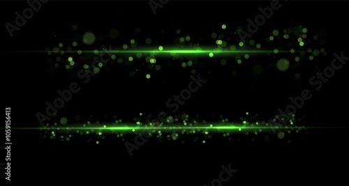 White laser beams isolated on black background. Abstract light effect. White lens flash. Horizontal rays glowing in the dark. Light Speed ​​vector illustration, road.