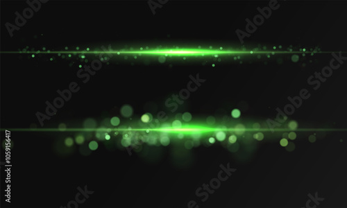 Green line light effect. Golden glowing neon lines. The green glow of dust and glare. Flash of light. gold dust bokeh. Gold confetti shimmers on a dark background.	