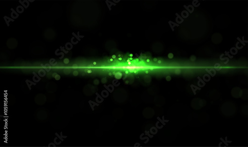 Green line light effect. Golden glowing neon lines. The green glow of dust and glare. Flash of light. gold dust bokeh. Gold confetti shimmers on a dark background.	