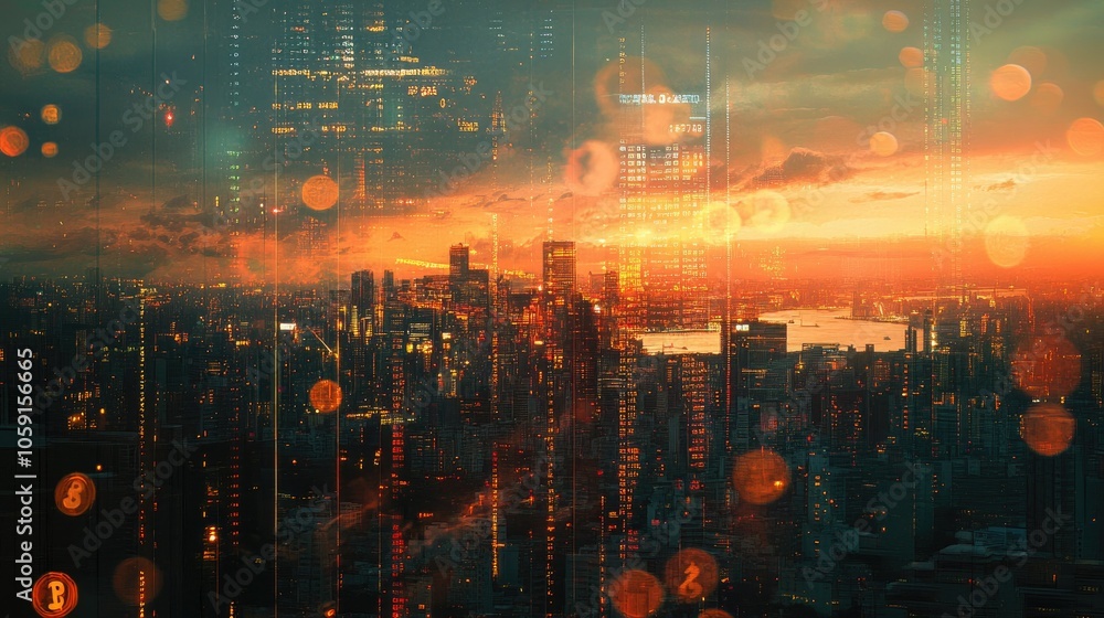 Fototapeta premium Coins and digital stock data layered over city skyline, double exposure investment scene