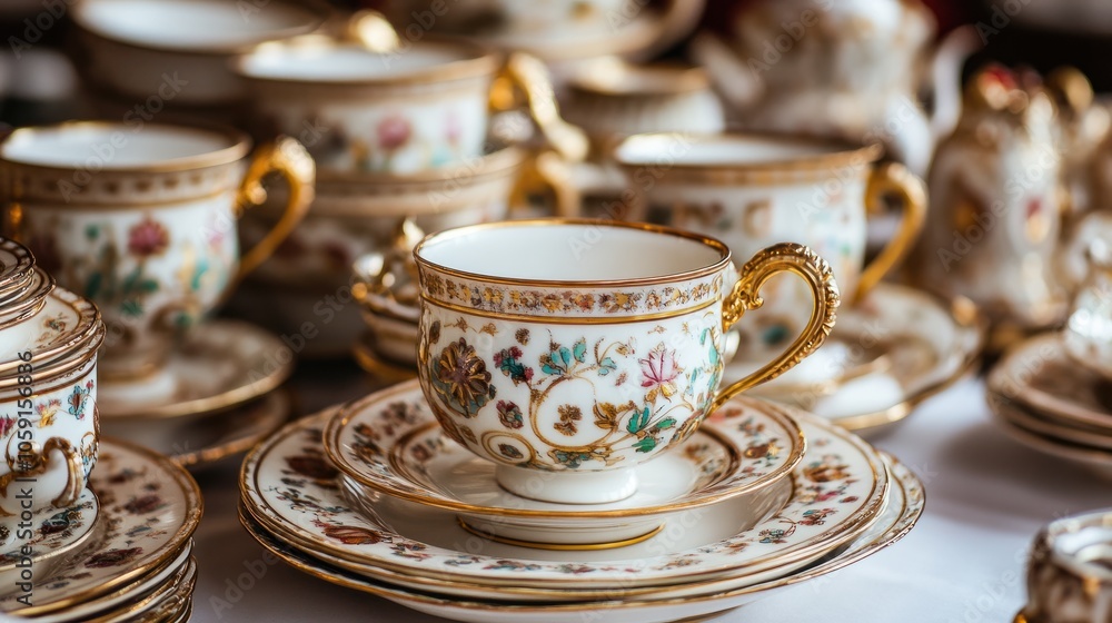 A luxurious display of ornate china featuring intricate floral designs and gold accents, arranged neatly on a white surface for an elegant look. A luxurious display of ornate china featuring intricate floral designs and gold accents, arranged neatly on a white surface for an elegant look.