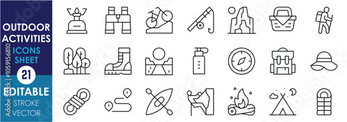 A set of line icons related to outdoor activities. Camping, stove, fishing, cycling, basket, hike, hat, sleeping bag, mountain, backpack, forest, and so on. Vector editable stroke.