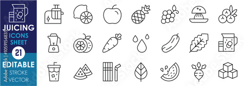 A set of line icons related to Juicing. Juicer, manual, machine, fruits, straw, ice cubes, mint, berries, and so on. Vector editable stroke.